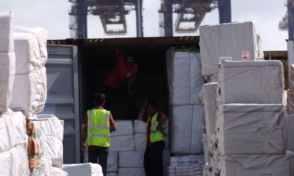 Export packing — Fumigated wooden cases, loaded for sea freight.